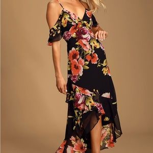 High-low Black, floral spaghetti strap off the shoulder dress.  Gorgeous